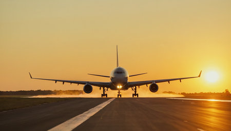 Airplane taking off on the runway at sunset. Travel concept.の素材