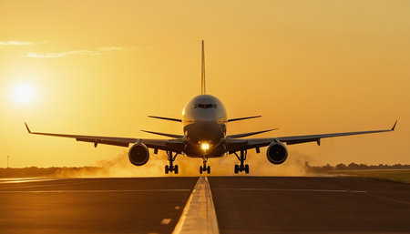 Airplane taking off from the airport runway at sunset. Traveling conceptの素材