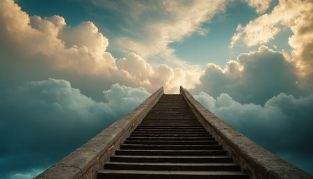 Staircase leading to the sky with clouds and sunrays.の素材