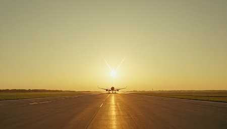 Airplane taking off from runway at sunset with sun in the backgroundの素材