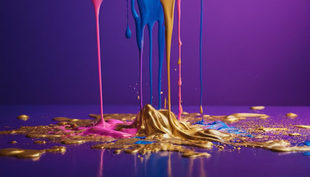Colored paint splashes isolated on purple background. Colorful paint dripping.の素材