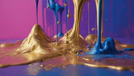 Colorful paint splashing on a black background. Blue, purple and yellow colorsの素材