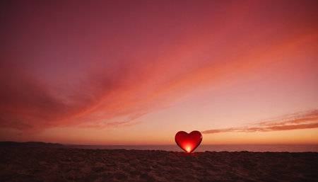 Valentines day background. Red heart on the beach at sunsetの素材