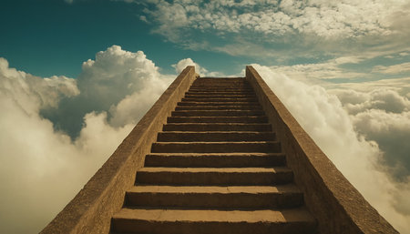 Staircase to heaven with clouds and blue sky - vintage filterの素材