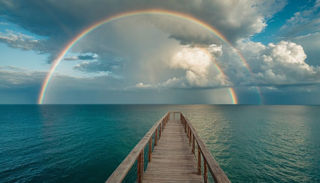 Rainbow over a wooden jetty in the sea, Thailand.の素材