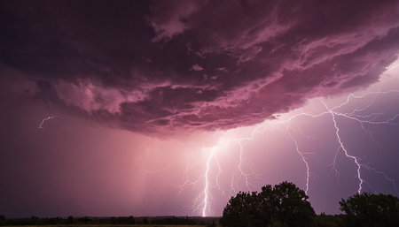 Thunderstorm and lightning in the night sky. Stormy weather.の素材