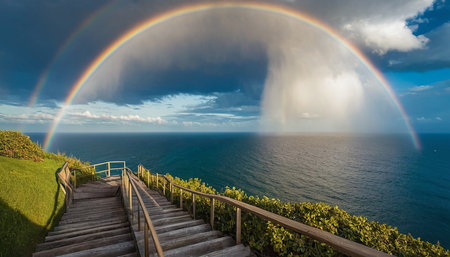 Rainbow over the ocean with wooden stairs leading to the sea.の素材