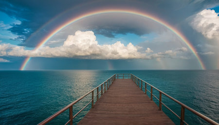 Rainbow over the sea and wooden pier in the morning, Thailandの素材