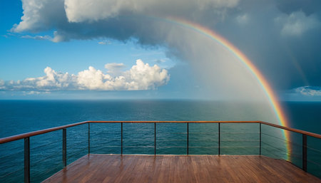 Rainbow over the sea and wooden deck on a cruise ship.の素材