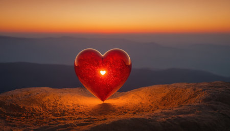Red heart on mountain top with sunset in background. Valentines day concept.の素材