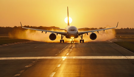 Airplane on the runway at sunset. Close-up view.の素材