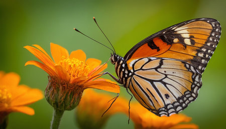 Butterfly on orange flower in the garden with nature background.の素材