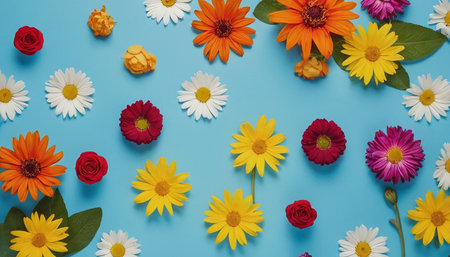 Colorful flowers composition on blue background. Flat lay, top viewの素材