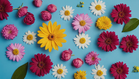 Colorful flowers composition on blue background. Flat lay, top viewの素材