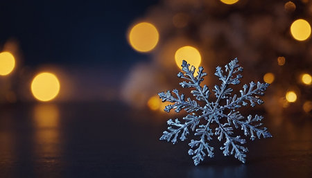 Snowflake on a dark background with bokeh lights in the backgroundの素材