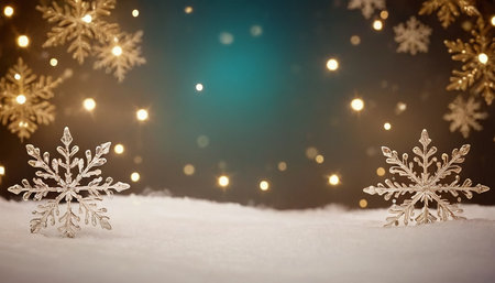 Christmas background with snowflakes on snow and bokeh lightsの素材