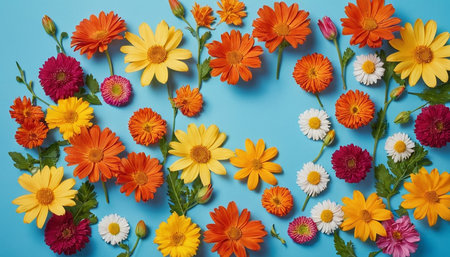 Colorful calendula flowers on blue background. Flat lay, top viewの素材
