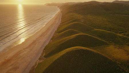 Aerial view of sand dunes and ocean at sunset in Californiaの素材
