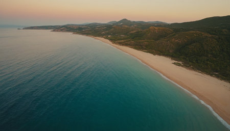 Aerial view of beautiful sandy beach with turquoise sea and mountains at sunsetの素材