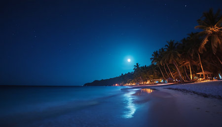 Beautiful tropical beach at night with full moon and starry skyの素材