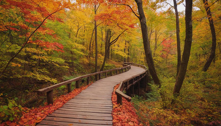 Wooden walkway in the autumn forest with colorful trees and leavesの素材