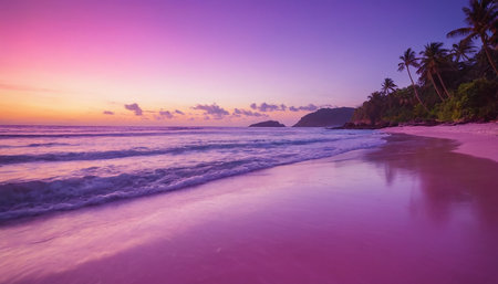 Tropical beach at sunset with palm trees, Seychellesの素材