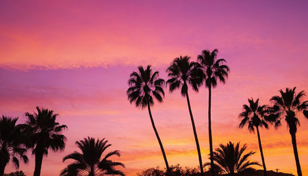 Silhouette of palm trees at sunset, beautiful tropical landscape.の素材