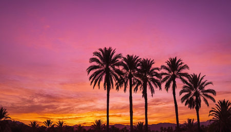 Silhouette of palm trees at sunset. Beautiful natural background.の素材