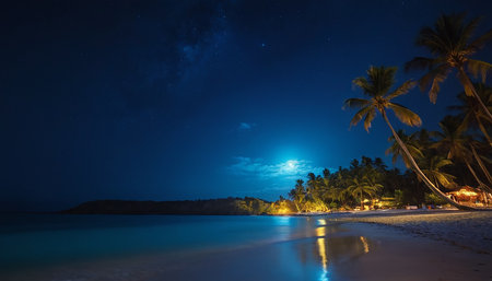 Tropical beach at night with starry sky and palm treesの素材