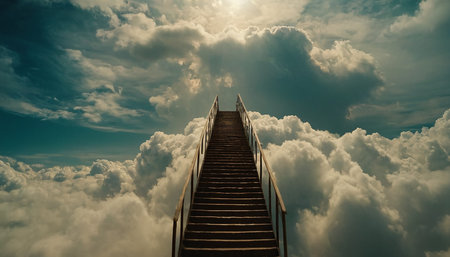 Staircase leading to the sky with clouds. Concept of success.の素材