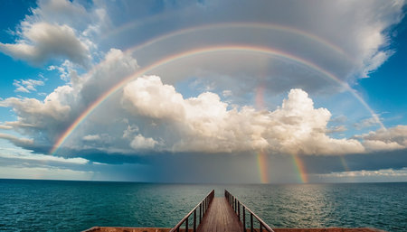 Rainbow over the sea and wooden pier in the foreground. Panoramaの素材