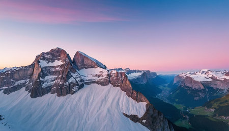 Panoramic view of the Dolomites mountains in Italy at sunriseの素材