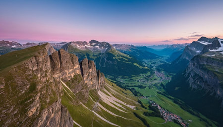 Panoramic aerial view of Dolomites mountains at sunset, Italyの素材