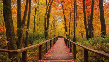 Wooden walkway in autumn forest. Beautiful nature landscape with wooden path.の素材