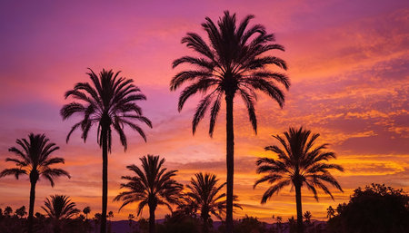 Silhouette of palm trees at sunset in Alicante, Spainの素材