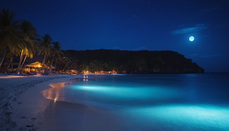 Beautiful tropical beach at night with full moon and palm trees.の素材