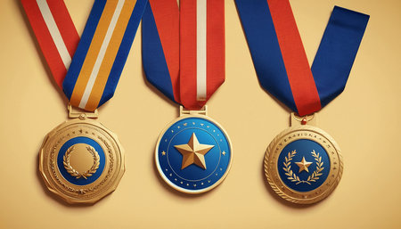 Gold, silver and bronze medals with ribbons on beige backgroundの素材