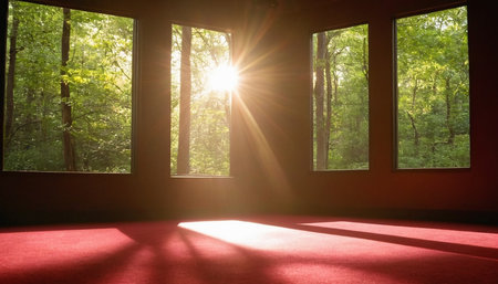sun rays through the window in a room with red carpet and green forestの素材