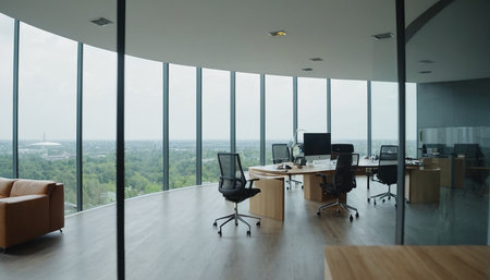 Modern office interior with panoramic window and city view. Nobody insideの素材
