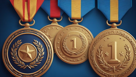 Gold, silver and bronze medals with ribbons on blue background. 3D renderingの素材