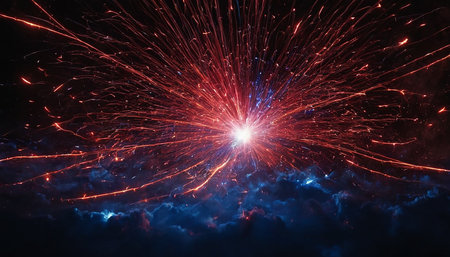 Fireworks in the night sky with clouds and stars as background.の素材