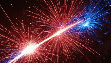 fireworks in the night sky, close-up view of fireworksの素材