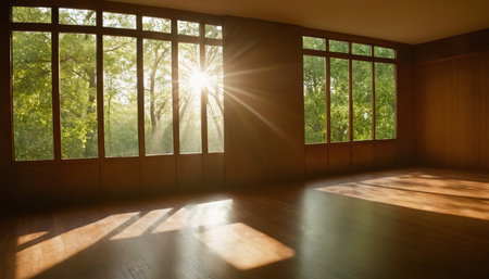 Sunlight through the window in a room with wooden walls and floorの素材