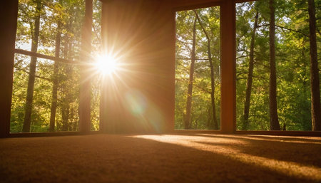 Sunlight through the window in a green forest with sun rays.の素材