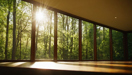 Wooden window in a room with view of the green forest.の素材