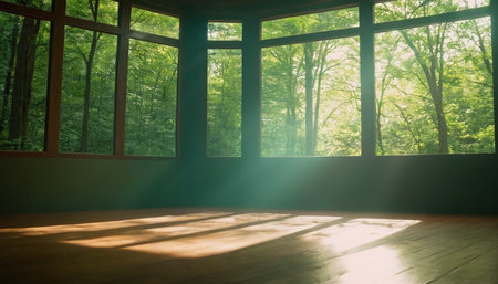 Wooden room with sunlight through the window and green trees in the backgroundの素材