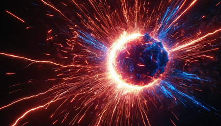 Burning fire ball with sparks and smoke on a black background.の素材