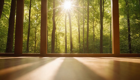 Wooden floor in a green forest. Sun rays through the trees.の素材