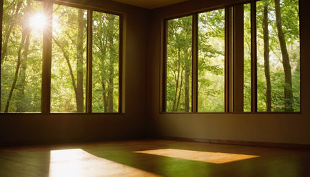 Empty room with sunlight through the window and green forest in the backgroundの素材