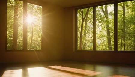 Empty room with sun rays through the window in the green forest.の素材